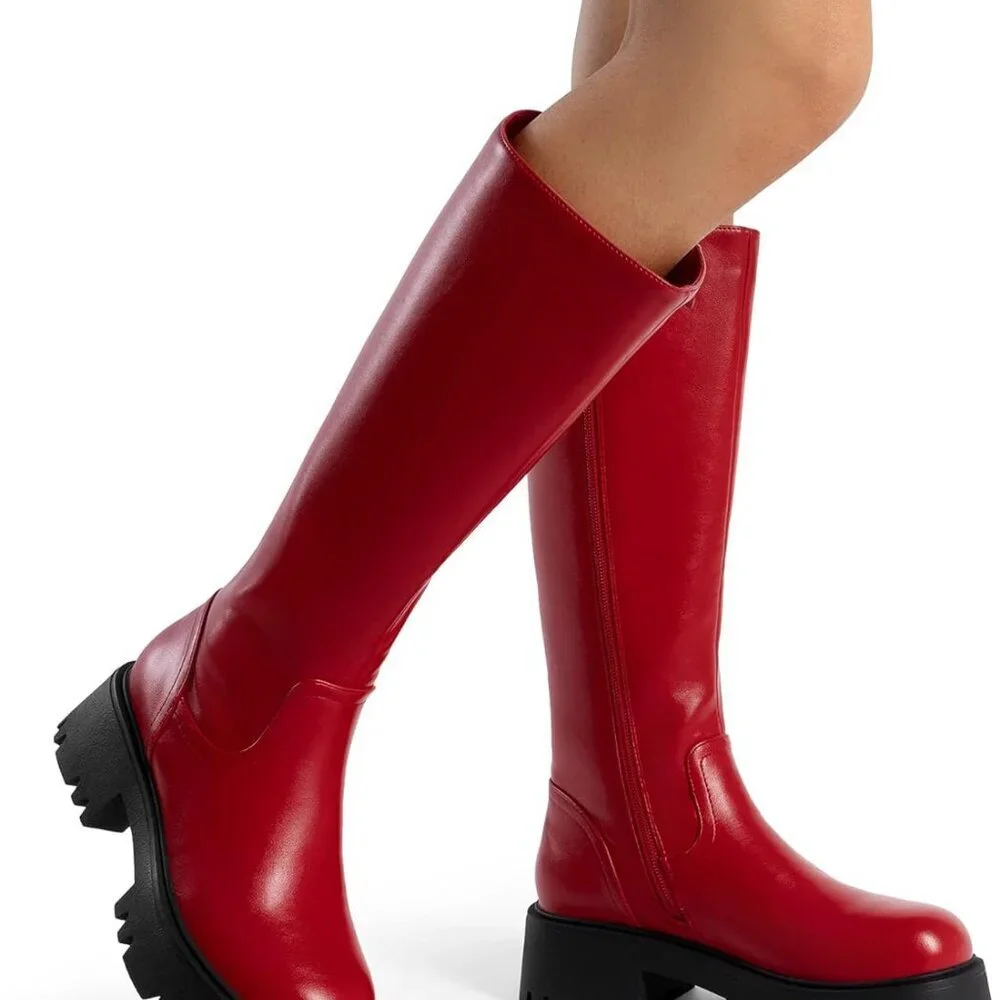 Knee High Boots Faux Leather 7.5 Women's Chunky Platform Side Zip Comfortable - Picture 6 of 6